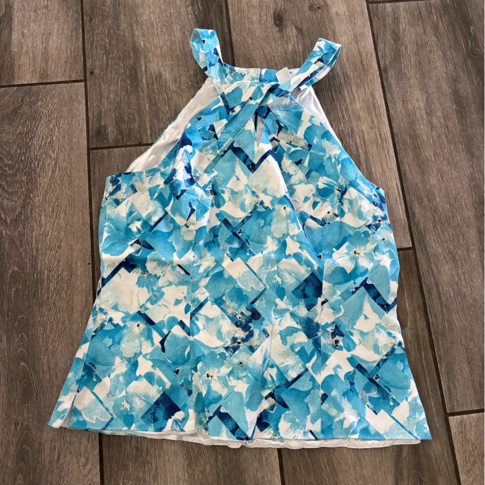 White House Black Market Turquoise & White Abstract Halter Top Size 14